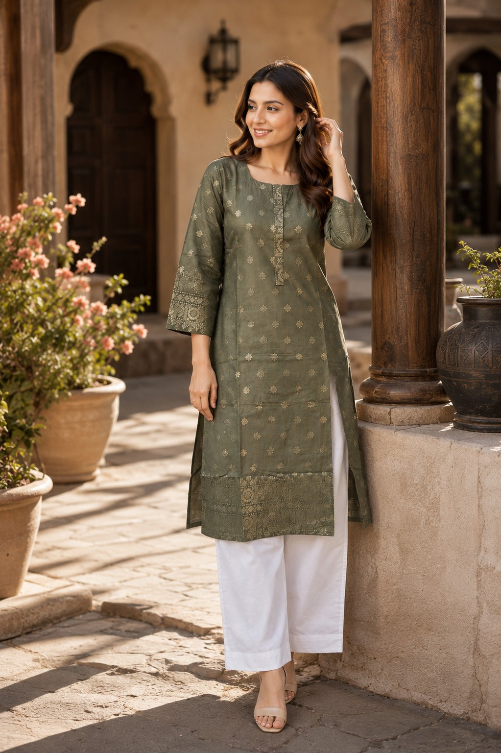 Women’s Olive Green Printed Straight Kurta with White Pants | Elegant Ethnic Wear