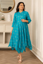 Women’s Turquoise Blue Printed Flared Kurti | Stylish Casual Ethnic Wear