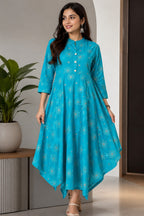 Women’s Turquoise Blue Printed Flared Kurti | Stylish Casual Ethnic Wear
