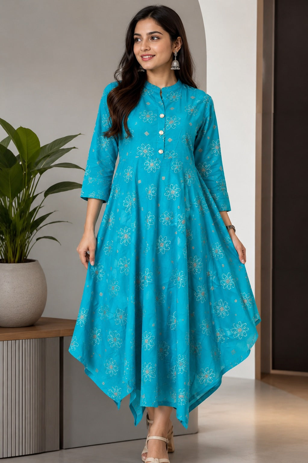 Women’s Turquoise Blue Printed Flared Kurti | Stylish Casual Ethnic Wear