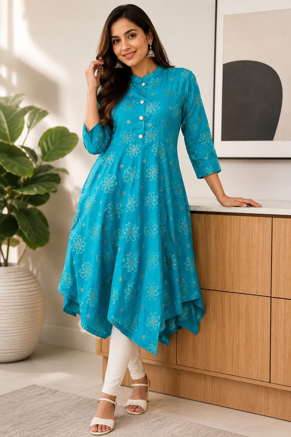 Women’s Turquoise Blue Printed Flared Kurti | Stylish Casual Ethnic Wear
