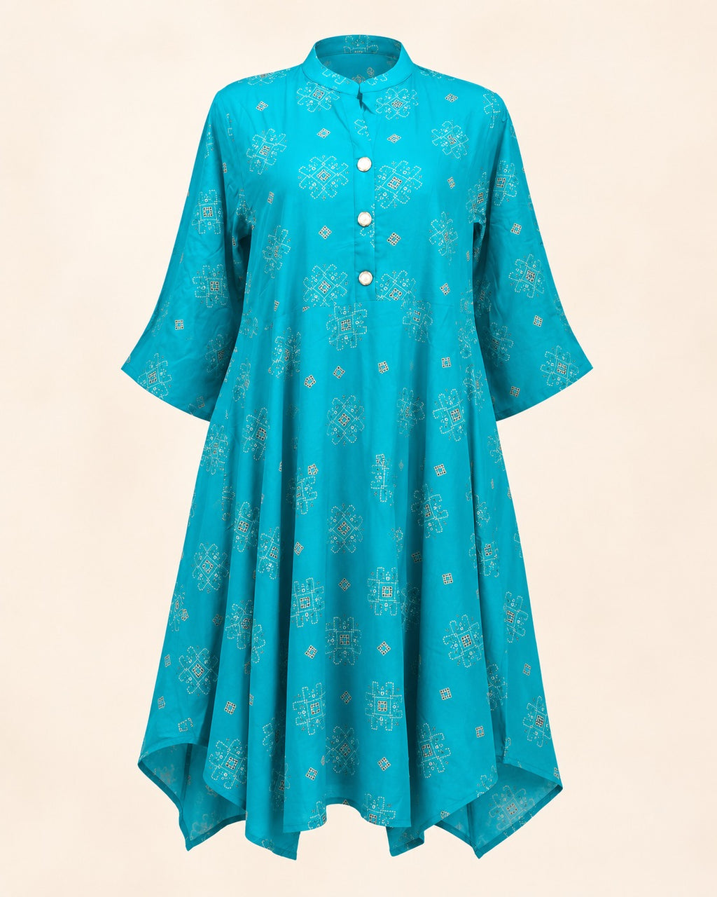 Women’s Turquoise Blue Printed Flared Kurti | Stylish Casual Ethnic Wear