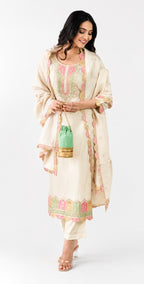 Women’s Cream Embroidered Kurta Pant Dupatta Set | Elegant Festive Ethnic Wear
