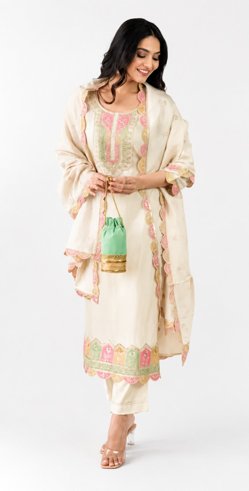 Women’s Cream Embroidered Kurta Pant Dupatta Set | Elegant Festive Ethnic Wear