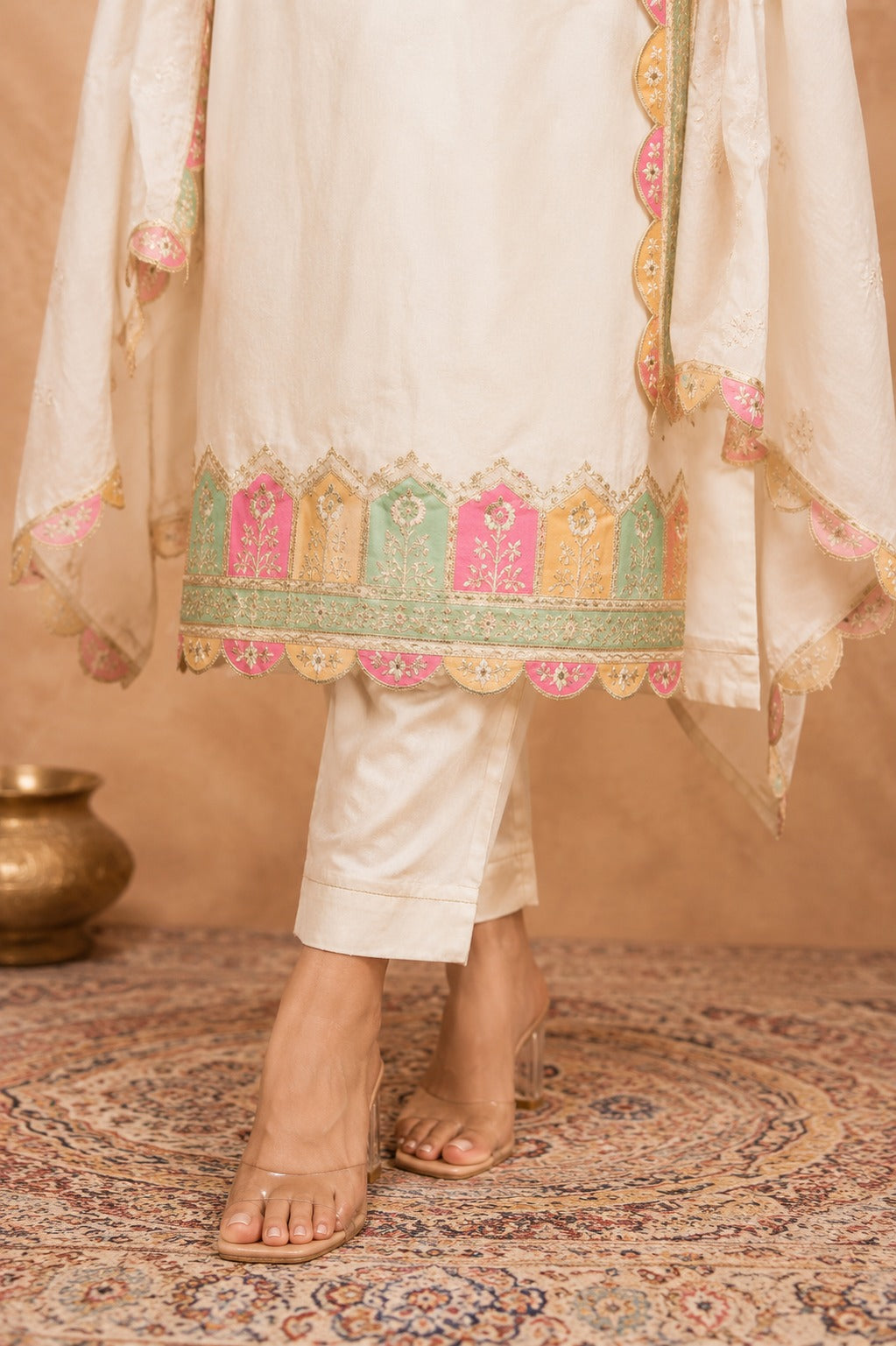 Women’s Cream Embroidered Kurta Pant Dupatta Set | Elegant Festive Ethnic Wear