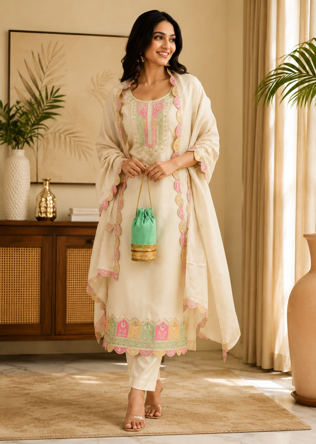 Women’s Cream Embroidered Kurta Pant Dupatta Set | Elegant Festive Ethnic Wear