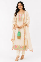 Women’s Cream Embroidered Kurta Pant Dupatta Set | Elegant Festive Ethnic Wear