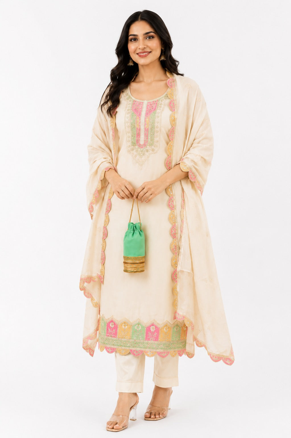 Women’s Cream Embroidered Kurta Pant Dupatta Set | Elegant Festive Ethnic Wear