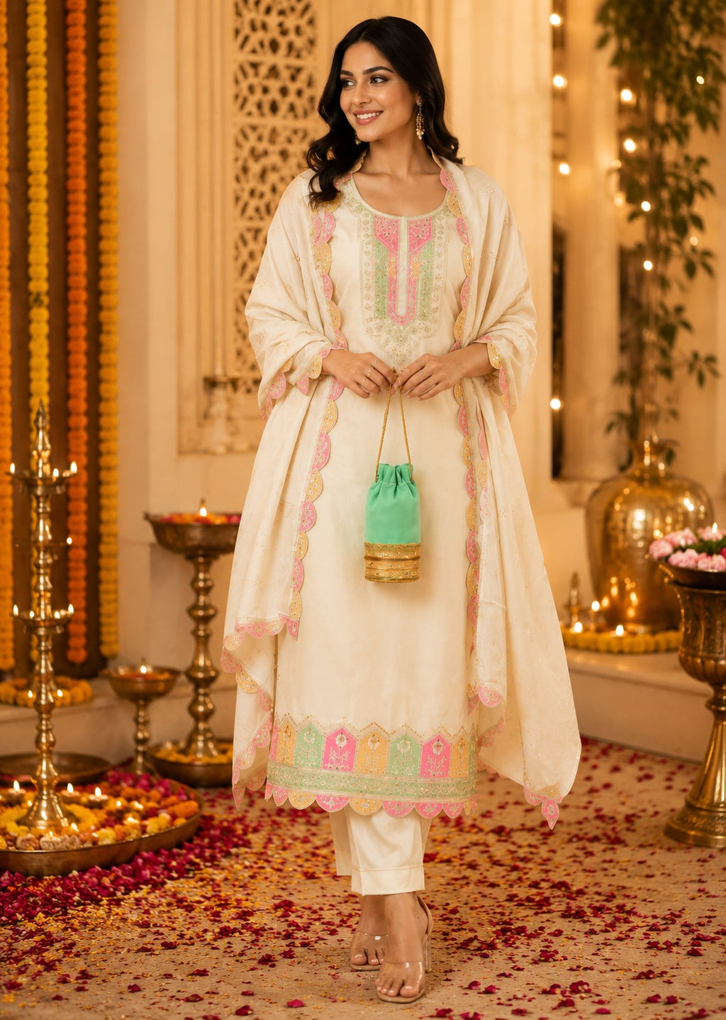 Women’s Cream Embroidered Kurta Pant Dupatta Set | Elegant Festive Ethnic Wear