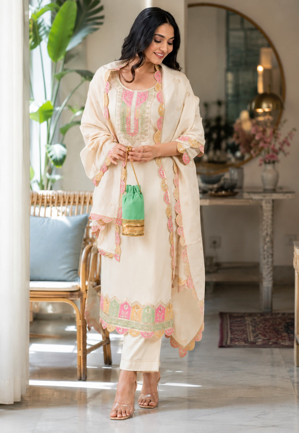 Women’s Cream Embroidered Kurta Pant Dupatta Set | Elegant Festive Ethnic Wear