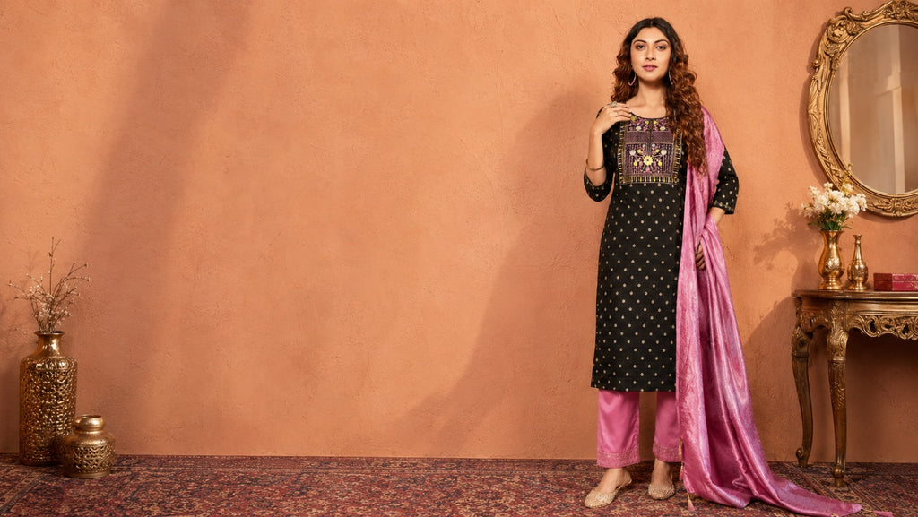 Women’s Black Embroidered Kurta Pant Dupatta Set | Elegant Festive Ethnic Wear