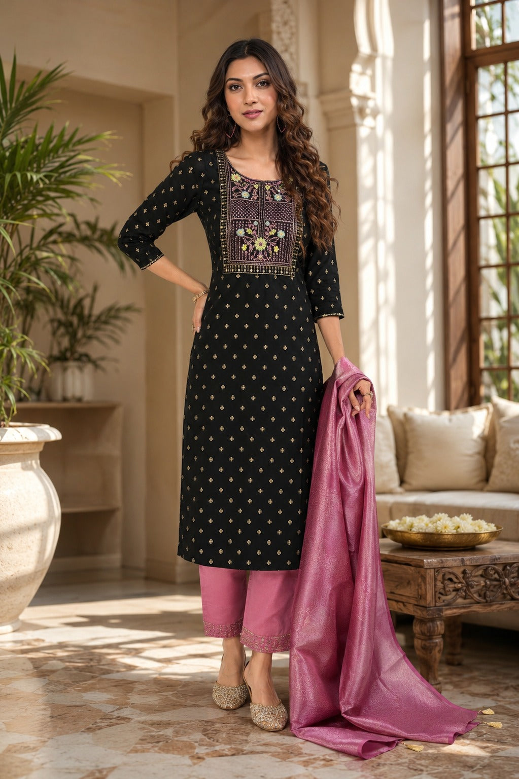 Women’s Black Embroidered Kurta Pant Dupatta Set | Elegant Festive Ethnic Wear