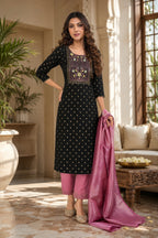 Women’s Black Embroidered Kurta Pant Dupatta Set | Elegant Festive Ethnic Wear