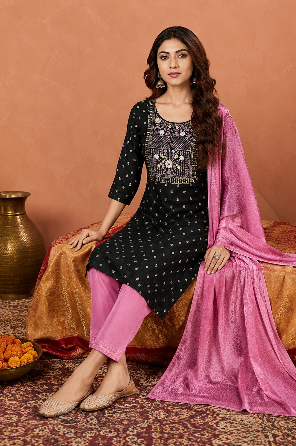 Women’s Black Embroidered Kurta Pant Dupatta Set | Elegant Festive Ethnic Wear