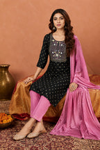 Women’s Black Embroidered Kurta Pant Dupatta Set | Elegant Festive Ethnic Wear