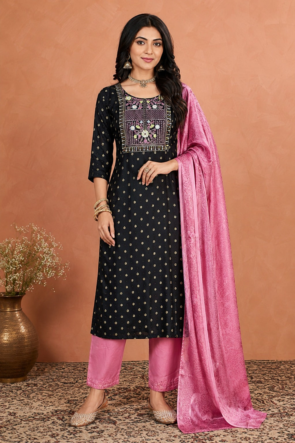 Women’s Black Embroidered Kurta Pant Dupatta Set | Elegant Festive Ethnic Wear