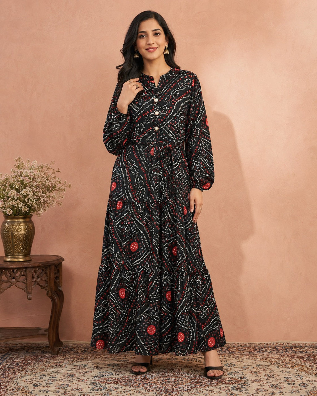 Women's Black Bandhani Print Maxi Dress | Boho Ethnic Long Dress