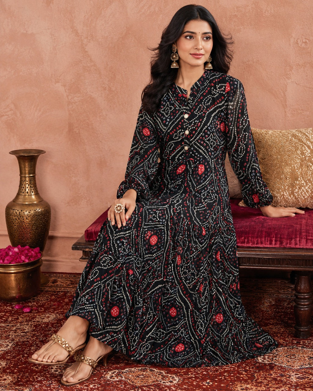 Women's Black Bandhani Print Maxi Dress | Boho Ethnic Long Dress