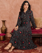 Women's Black Bandhani Print Maxi Dress | Boho Ethnic Long Dress