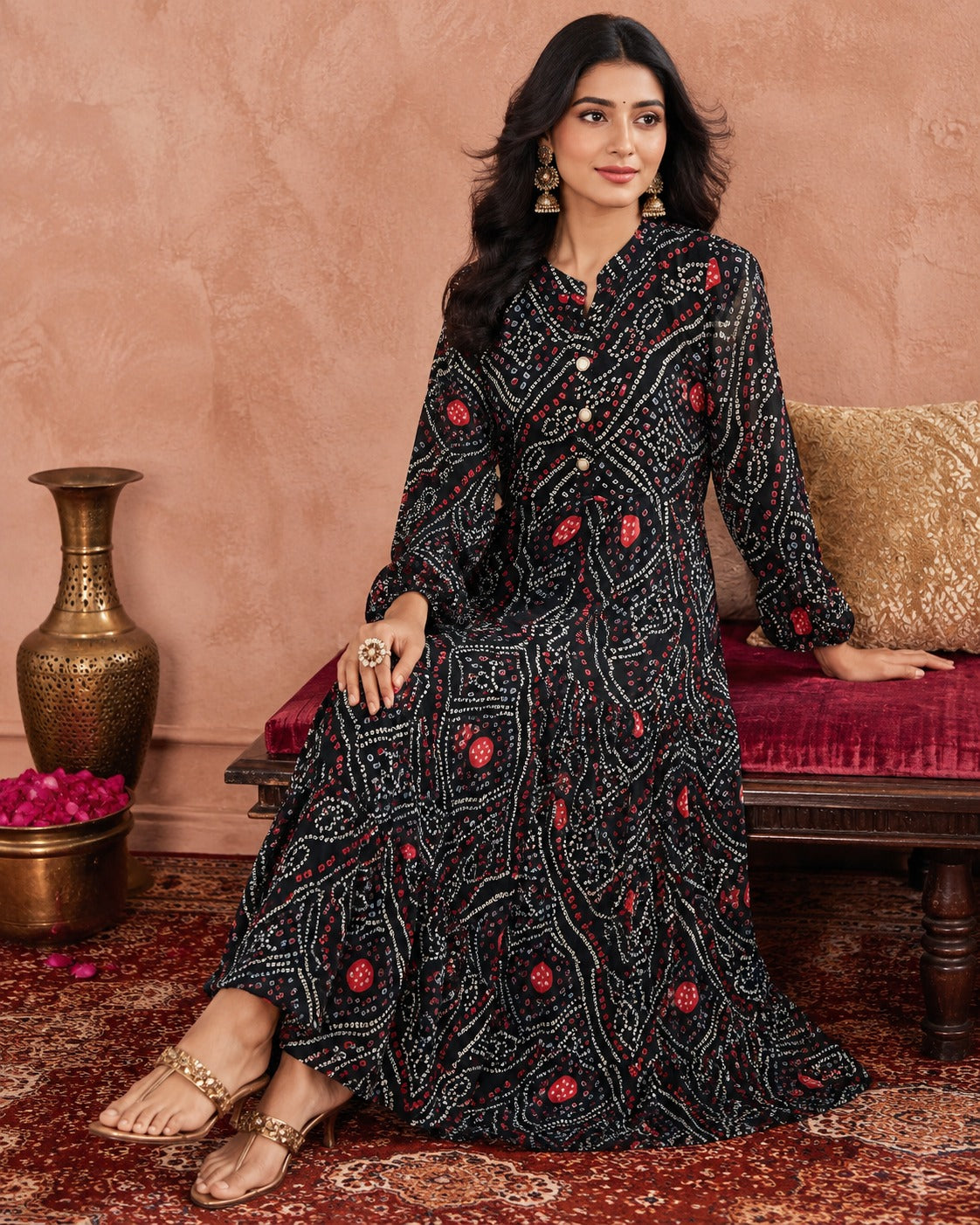 Women's Black Bandhani Print Maxi Dress | Boho Ethnic Long Dress