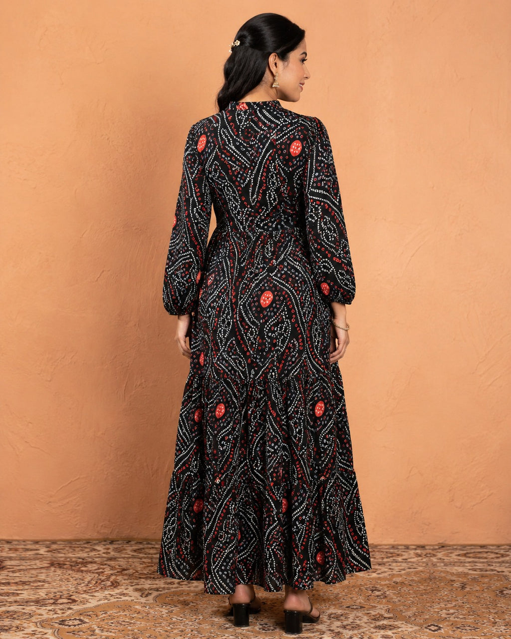 Women's Black Bandhani Print Maxi Dress | Boho Ethnic Long Dress