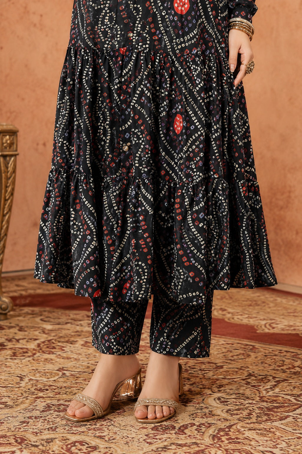 Women's Black Bandhani Print Maxi Dress | Boho Ethnic Long Dress