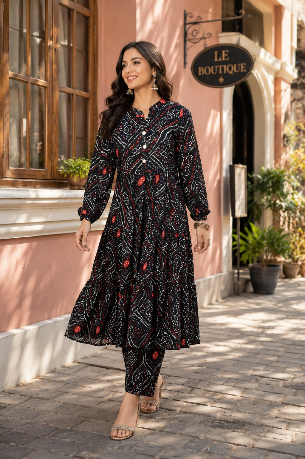 Women's Black Bandhani Print Maxi Dress | Boho Ethnic Long Dress