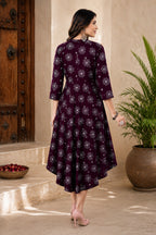 Women’s Wine Printed Flared Dress Kurti | Stylish Casual Ethnic Wear
