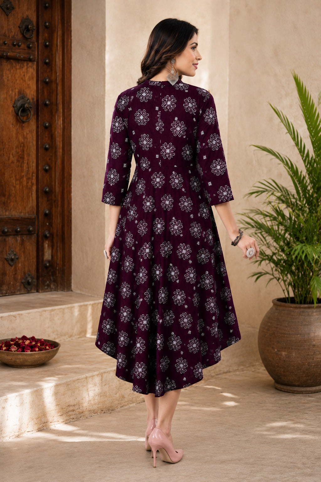 Women’s Wine Printed Flared Dress Kurti | Stylish Casual Ethnic Wear