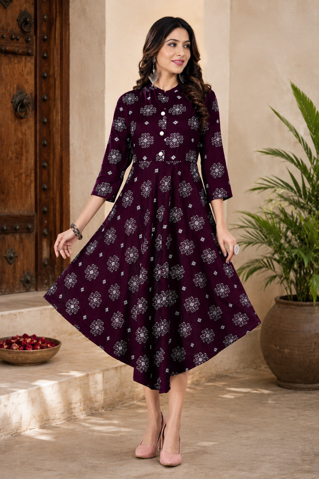 Women’s Wine Printed Flared Dress Kurti | Stylish Casual Ethnic Wear