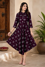 Women’s Wine Printed Flared Dress Kurti | Stylish Casual Ethnic Wear