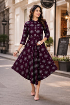 Women’s Wine Printed Flared Dress Kurti | Stylish Casual Ethnic Wear