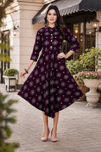 Women’s Wine Printed Flared Dress Kurti | Stylish Casual Ethnic Wear