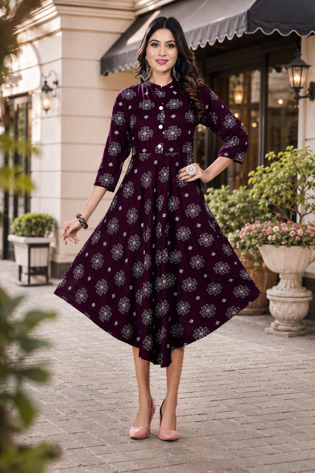 Women’s Wine Printed Flared Dress Kurti | Stylish Casual Ethnic Wear