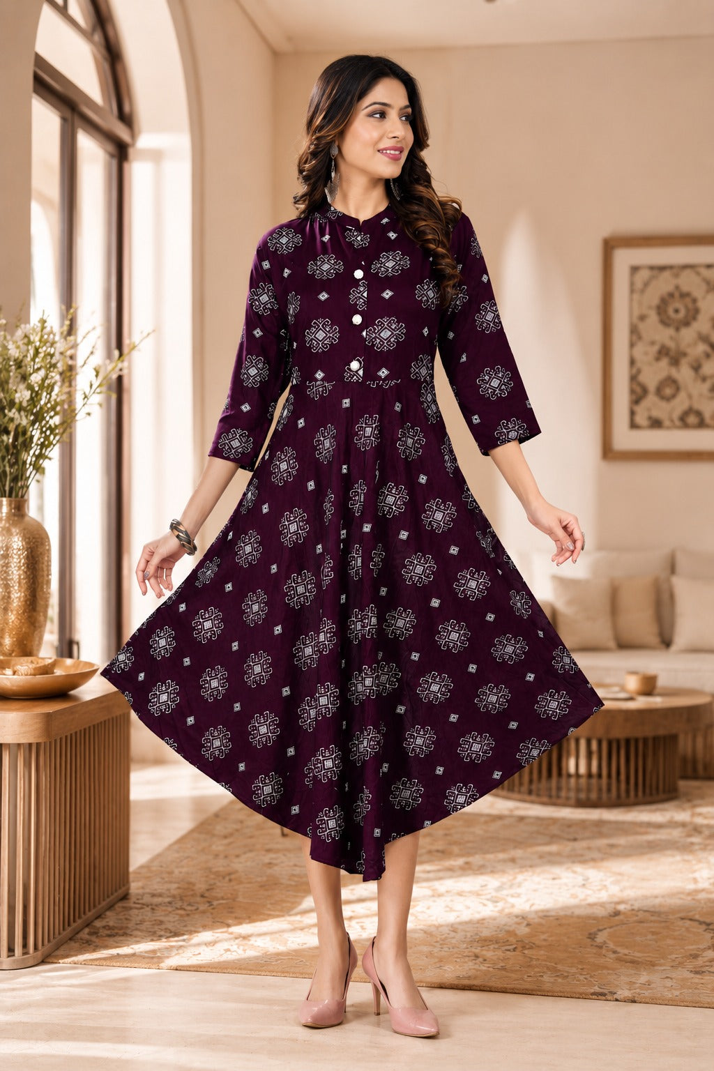 Women’s Wine Printed Flared Dress Kurti | Stylish Casual Ethnic Wear