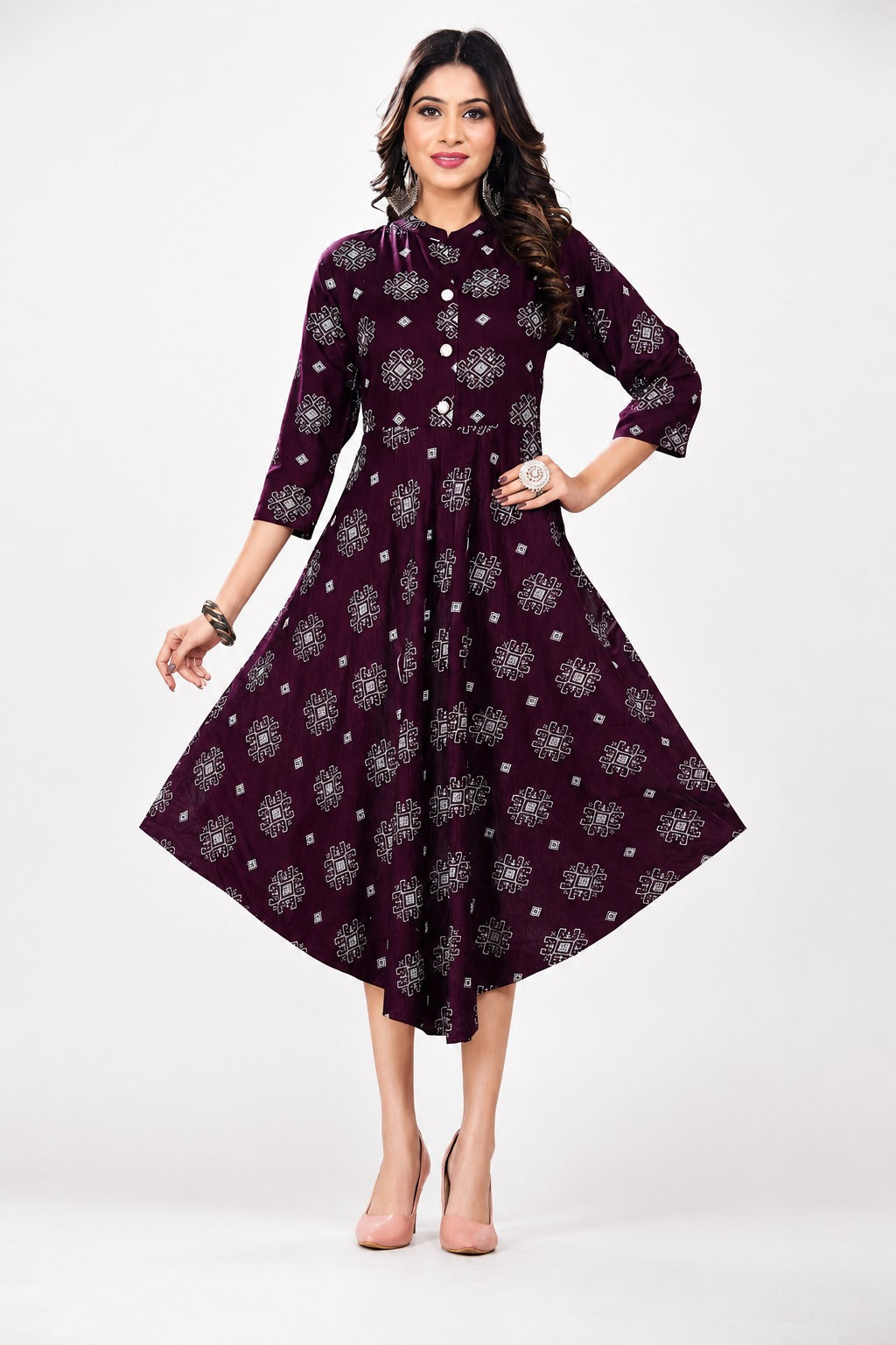 Women’s Wine Printed Flared Dress Kurti | Stylish Casual Ethnic Wear