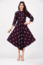 Women’s Wine Printed Flared Dress Kurti | Stylish Casual Ethnic Wear