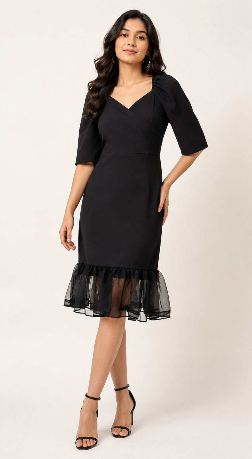 Women's Black Mesh Hem Bodycon Midi Dress | Elegant Party Wear Dress