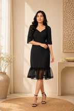 Women's Black Mesh Hem Bodycon Midi Dress | Elegant Party Wear Dress