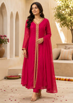Red Embroidered Straight Kurta Set with Dupatta for Women