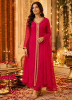 Red Embroidered Straight Kurta Set with Dupatta for Women