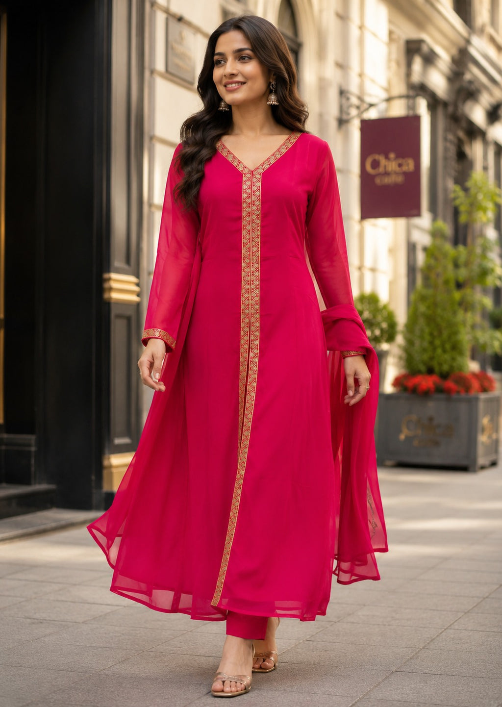 Red Embroidered Straight Kurta Set with Dupatta for Women