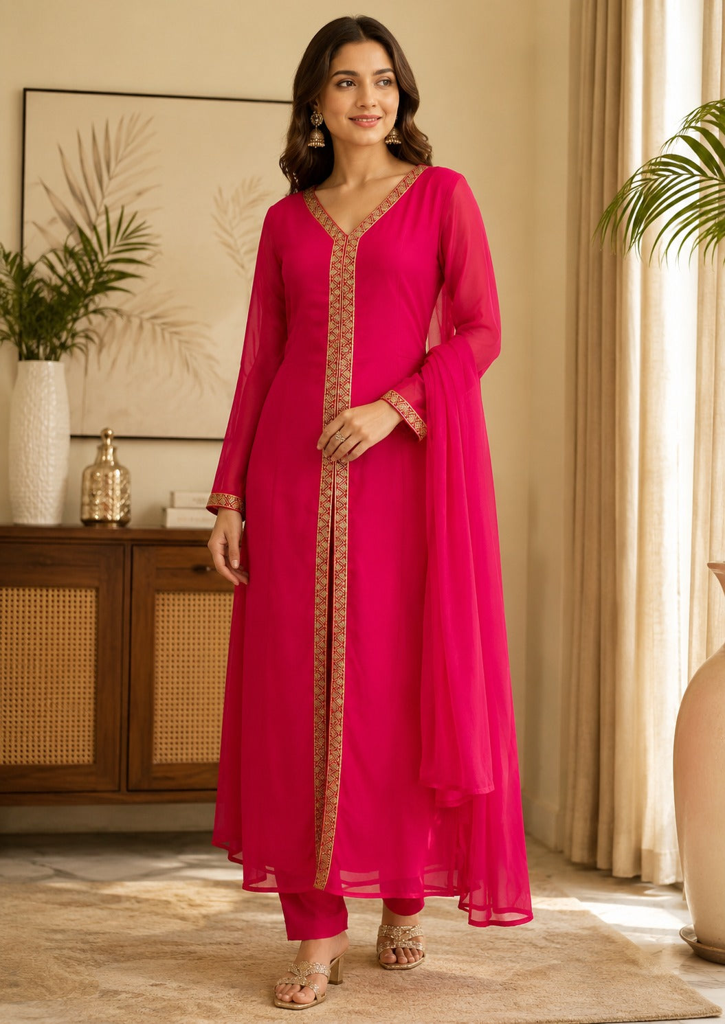 Red Embroidered Straight Kurta Set with Dupatta for Women