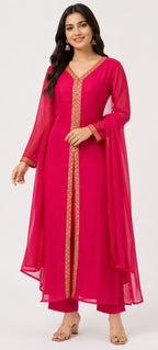 Red Embroidered Straight Kurta Set with Dupatta for Women