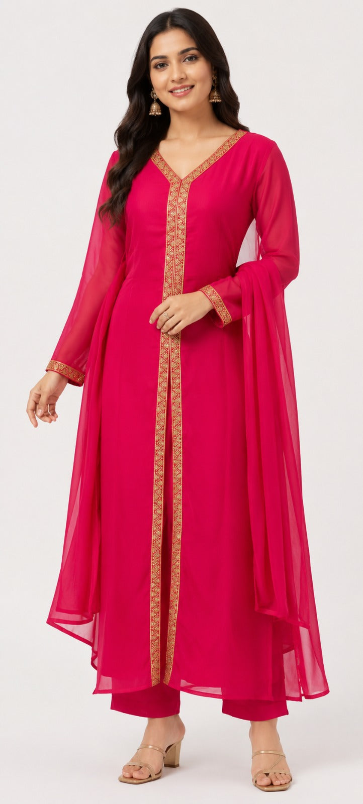 Red Embroidered Straight Kurta Set with Dupatta for Women