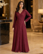 Women’s Wine Satin Wrap Maxi Dress with Front Slit | Elegant Party Wear Dress