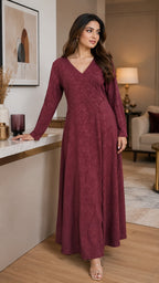 Women’s Wine Satin Wrap Maxi Dress with Front Slit | Elegant Party Wear Dress