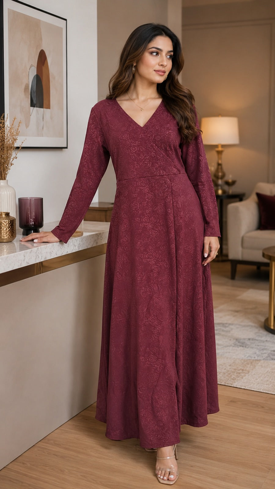 Women’s Wine Satin Wrap Maxi Dress with Front Slit | Elegant Party Wear Dress