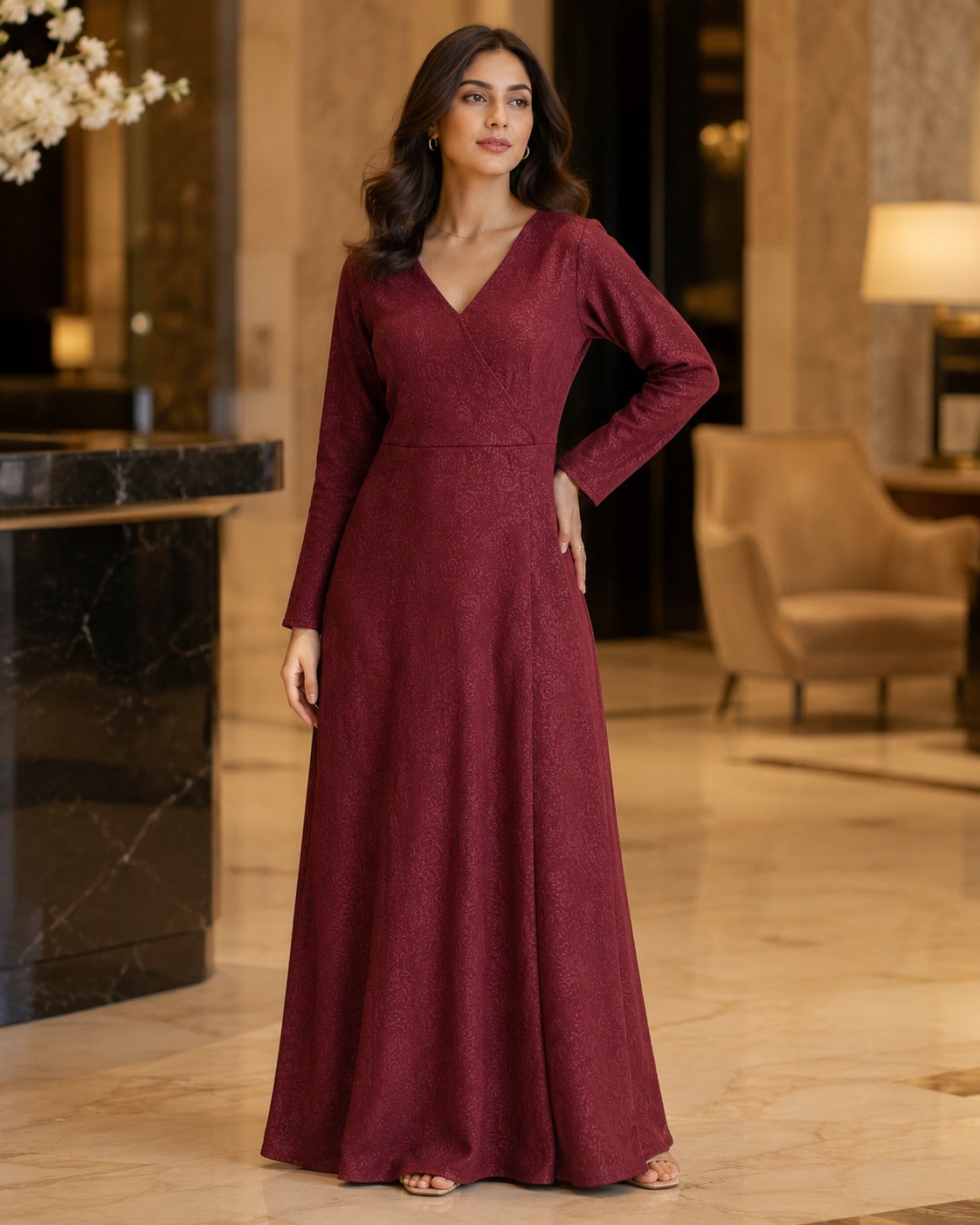 Women’s Wine Satin Wrap Maxi Dress with Front Slit | Elegant Party Wear Dress