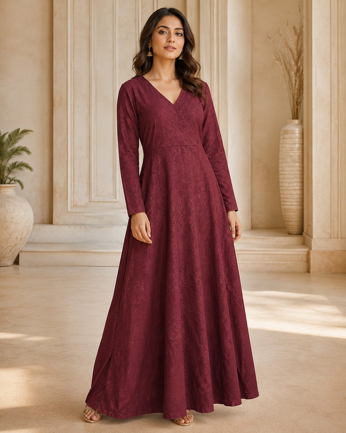 Women’s Wine Satin Wrap Maxi Dress with Front Slit | Elegant Party Wear Dress
